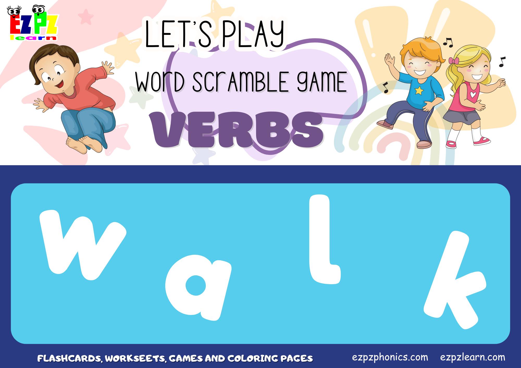 Action Verbs Vocabulary Word Scramble Guessing Game. For Kids And ESL ...